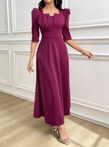 Feyla 女士纯色褶皱泡泡袖优雅连衣裙 - 中紫紅色 - 查看 5