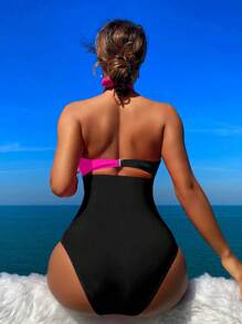 BamGleam Women's Casual & Vacation Contrast Color Halter One-Piece Swimsuit, Summer - Multicolor - View 2