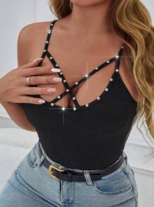 Glamine Phụ nữ mùa hè khoét rỗng áo yếm có dây sequin - màu đen - Xem 3