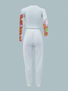 INAWLY 2pcs Women Crew Neck Long Sleeve Top And Pants Set, Simple And Fashionable, Suitable For Summer - Orange - View 2