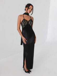 Roylia Sexy & Fashionable V-Neck Lace Patchwork Backless Maxi Dress - Black - View 7
