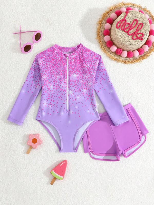 SHEIN Traje de baño de una pieza con estampado degradado y shorts para niña