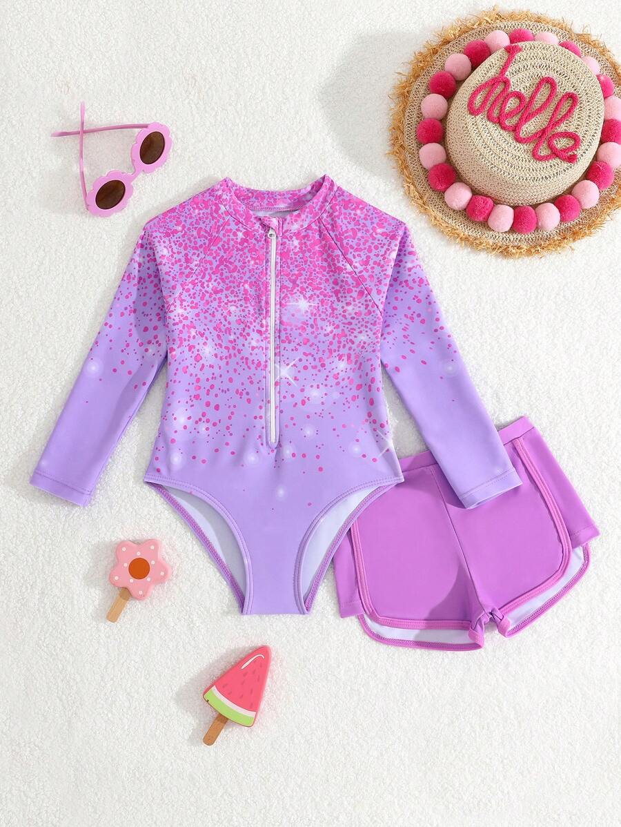 SHEIN Young Girl Gradient Print One-Piece Swimsuit With Shorts Summer Holiday