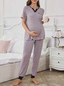 Moonlight&Mama Contrast Color Patchwork V-Neck Chest Pocket Casual Short Sleeve Pants Maternity Pajamas Set - Mauve Purple - View 3