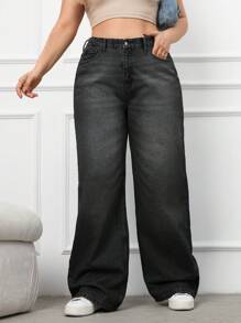 SHEIN Cottnline 100%Cotton Plus Size Belt Details Wide Leg Jeans - Black - View 3