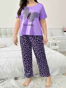 Conjunto de pijama de talla grande con parte superior de manga corta con estampado de mariposa y pantalones con estampado de leopardo - Morado - Ver 6