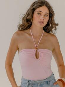 Aralina Top para Sair com Alças, Decote Halter, Franzida, Recorte e Contas na Cor Rosa - Preto - Visão 4