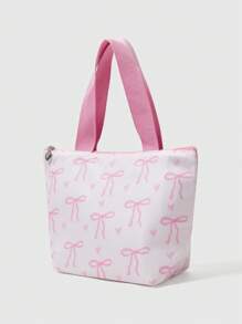 ROMWE Kawaii Bow Print Fashionable Cute Large Capacity Portable Insulated Lunch Bag - Pink - View 2