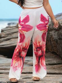SHEIN VCAY Pantalones con estampado floral talla grande, casuales y elegantes, adecuados para el verano, la playa y las vacaciones tropicales para mujer - Blanco - Ver 5