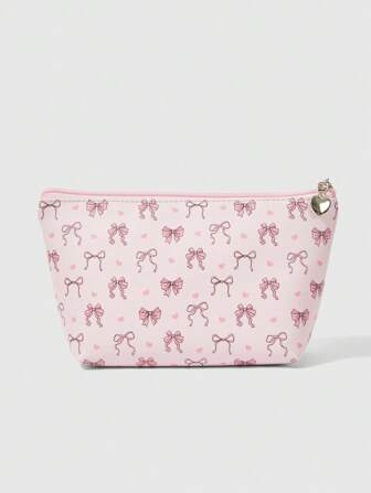 Kawaii Girly Sweet Bowknot Heart Shaped Makeup Bag, Large Capacity 1419556, Pink