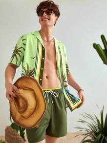 Manfinity VCAY Camisa casual de manga corta y corte holgado para hombre con estampado de árbol de coco