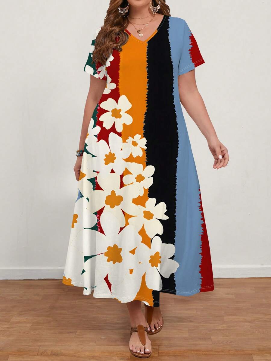 EMERY ROSE Plus Size Women Casual V-Neck Short Sleeve Floral Print And Colorful Striped Print Long Dress, Suitable For Summer,Vacation Outfits Woman, Boho Women Clothing