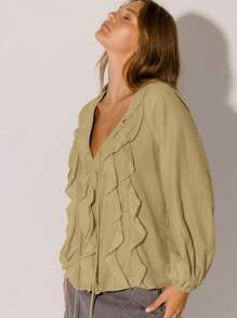 Aralina Ruffled V-Neck Long Sleeve Boho Lightweight Summer And Winter Cute Tie Front Blouse - Khaki - View 5