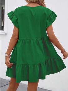 Balvessa Đầm babydoll rộng rãi cổ tròn màu trơn mùa hè cho nữ có viền bèo nhún trang phục đi biển - Màu xanh lá cây đậm - Xem 2