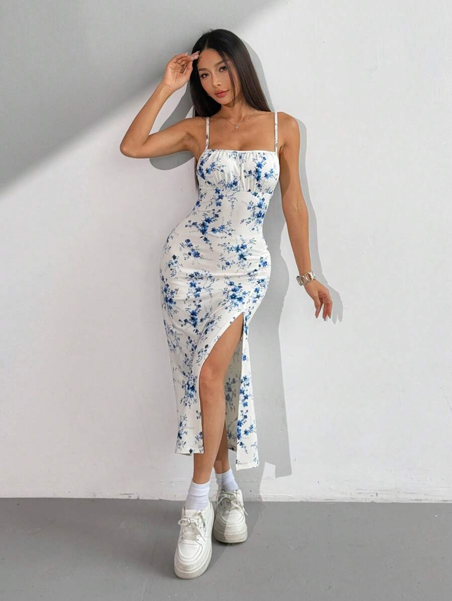 SHEIN EZwear Đầm midi hở vai in họa tiết hoa ngày lễ cho nữ - trắng - Xem 1