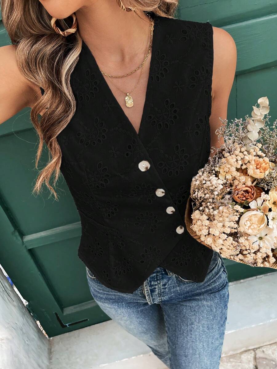 SHEIN Frenchy 女士度假休闲纯色镂空刺绣无袖衬衫 - 黑色 - 查看 1