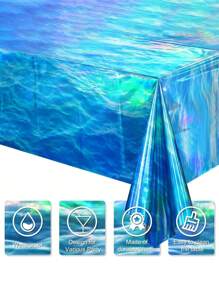 SHEIN 3 Pcs Iridescent Ocean Waves Tablecloths, 54 X 108 Inch Disposable Plastic Ocean Blue Table Cloth Rectangle Table Covers For Under The Sea Beach Surf Ocean Pool Party Birthday Party Decorations, Valentine Day - Blue - View 8