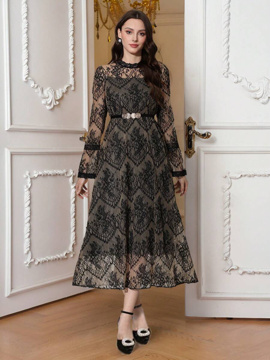 Modelyn Vestido transparente con mangas acampanadas de encaje elegante para mujeres - Caqui - Ver 1