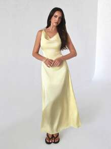 SHEIN Unity Women's Fashionable Satin Backless Draped Neck Fitted Maxi Dress, European & American Style For Spring/Summer - Yellow - View 4