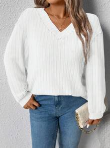 Momelise Blusa de Malha Larga com Decote V Casual e Folgada para Mulheres Plus Size, Adequada para Outono/Inverno, Formatura, Volta às Aulas, Formatura, Professor, Volta às Aulas no Outono - Branco - Visão 3