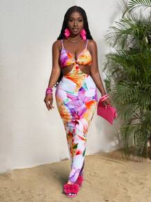 Slaydiva Elegant Floral Print Sleeveless Bodycon Dress For Women, With Waist Cutout Detail And Side Slit, Suitable For Summer Vacation