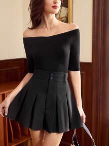 Vintamour Retro Elegant Women's Pleated Buttoned Shorts, Figure-Flattering, Black, Spring/Summer Summer Outfits For Women Shorts For Women Business Casual Woman Skort Office Outfits For Women Work Clothes Women Brunch Outfits For Women Old Money Style Women High Waisted Shorts Tropical Vacation Woman Clothes Skort Festival Outfits For Women Skorts For Women 1960s Outfit