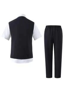 SHEIN 2pcs/Set Teen Boy Gentleman Suit: Slim Fit Vest + Textured Trousers, Elegant Formal Outfit For Birthday, Party, Wedding, Graduation Ceremony, Pageboy