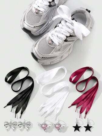 Kawaii 6 Pairs Of Y2K Style Gothic Vibe Flat Wide Shoelaces Decorated With Crystal Hearts, Stars, Bows, In Black, Red, White Colors, Suitable For Sisters, Female Friends, Everyday Wear, Festival Gifts