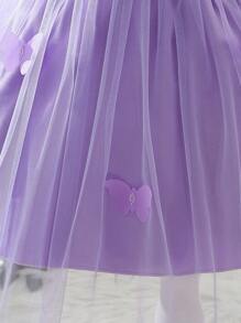 Baby Girls' Dreamy Purple 3D Floral Mesh Strap Party Dress, Suitable For Outing, Performance, Banquets And More Occasions - Purple - View 5