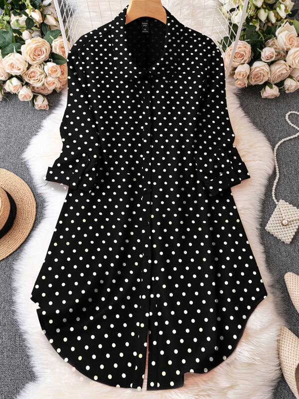 EMERY ROSE Plus Size Women's Polka Dot Printed Long Sleeve Casual Loose Shirt Dress, Spring/Summer