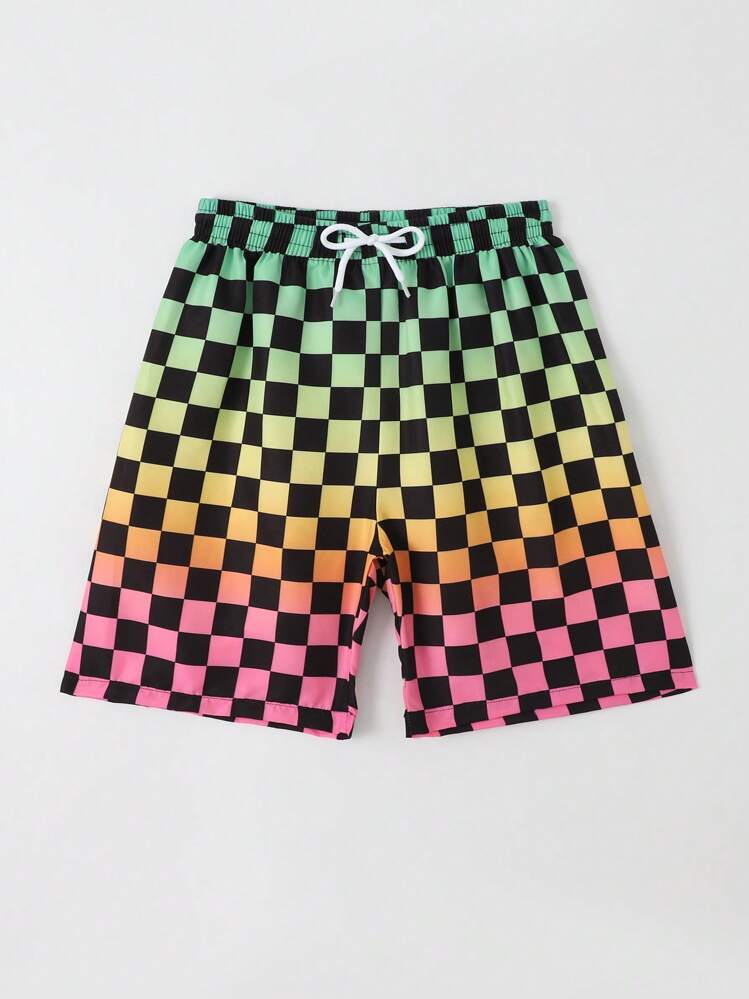 SHEIN Pantalones Cortos De Playa De Cintura Con Cordón Para Niño Adolescente Con Estampado De Tablero De Ajedrez - Multicolor - Añade 3