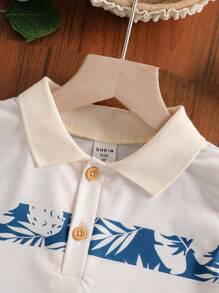 Vintaside Kids Young Boys Summer Countryside Style Leaf Print Polo Shirt & Casual Shorts 2pcs Set Summer Holiday - Blue - View 4