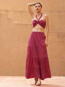 SHEIN Unity 2 件套女士浪漫度假风格手工编织露背短款上衣和宽松多层裙子波西米亚度假时尚风格 - 玫紅色 - 查看 3