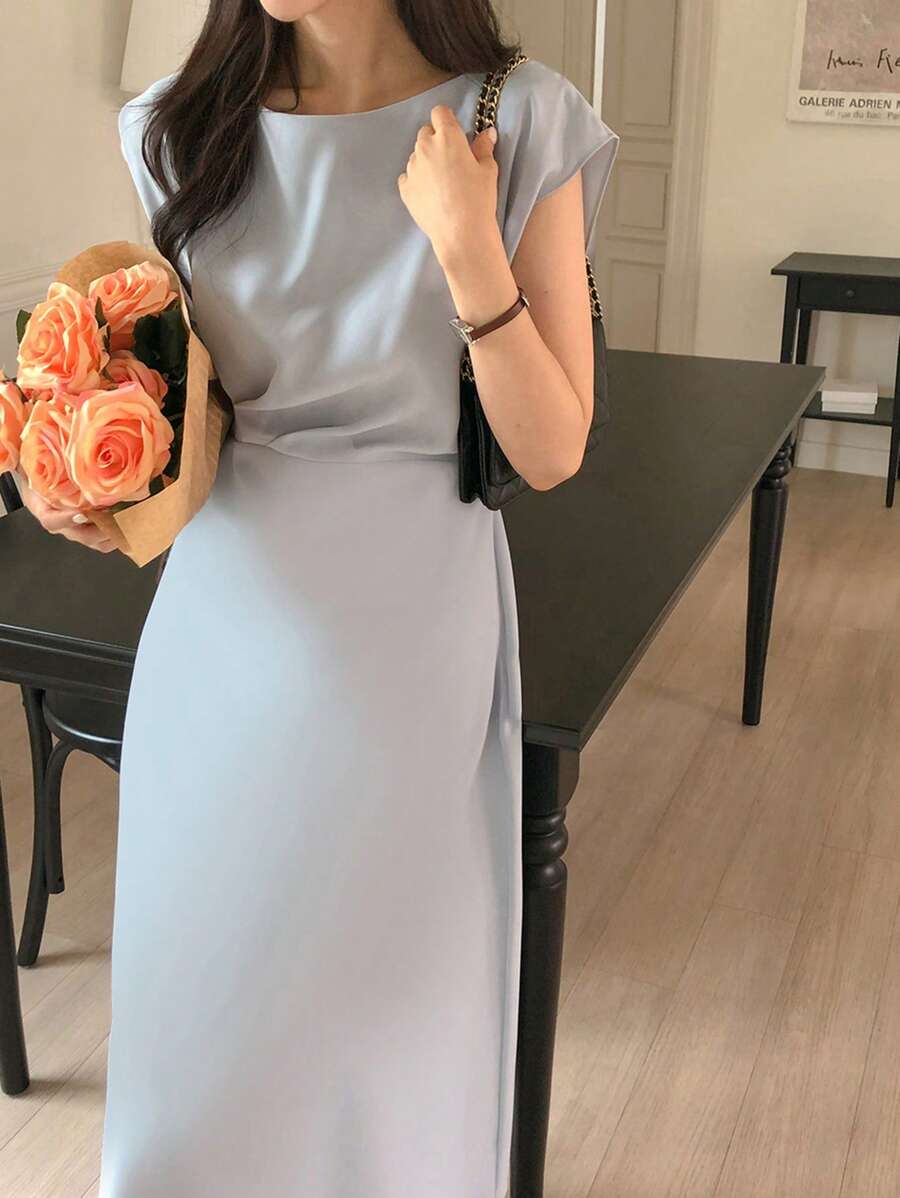 Wynsel 女士纯色圆领百褶修身短袖优雅办公室长裙 - 淺藍色 - 查看 1