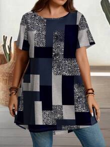 EMERY ROSE Plus Size Plaid Print Round Neck Short Sleeve Long T-Shirt, Suitable For Summer - White - View 4