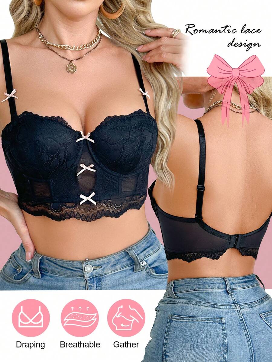 Sujetador de lencería con relleno y aros, encaje calado con tirantes desmontables, sujetador con aros y relleno para levantar el busto, sujetador de lencería con alambres invisibles para busto pequeño - Negro - Ver 1