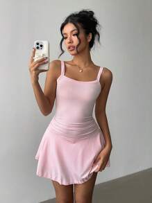Calvaya Pink Spaghetti Strap Waist Ruffle Short Sports Dress For Women