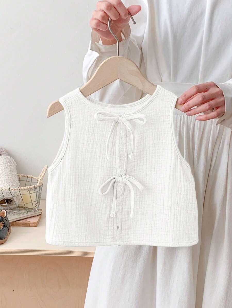 SHEIN LMoss Kids 年轻女孩休闲蝴蝶结细节宽松露背系带纹理面料 A 字背心春夏 - 白色 - 查看 1