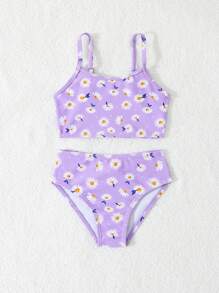 SHEIN Young Girls Daisy Print Bikini Set For Beach/Holiday - Multicolor - View 6