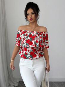 Elenzga 女士露肩短袖衬衫，简约时尚，适合夏季 - 彩色 - 查看 1