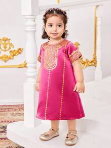 SHEIN Baby Girl Lovely Glamorous Purple & Gold Pattern Short Sleeve Summer Vacation Dress