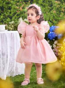 Baby Girl Cute & Elegant Peony Pink Organza Solid Color Ruffled Short Sleeve Dress/Garment