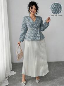 Elenzga Bộ 2 món áo jacquard hoa cỡ lớn cho nữ và chân váy xếp ly - Màu xanh lam - Xem 1