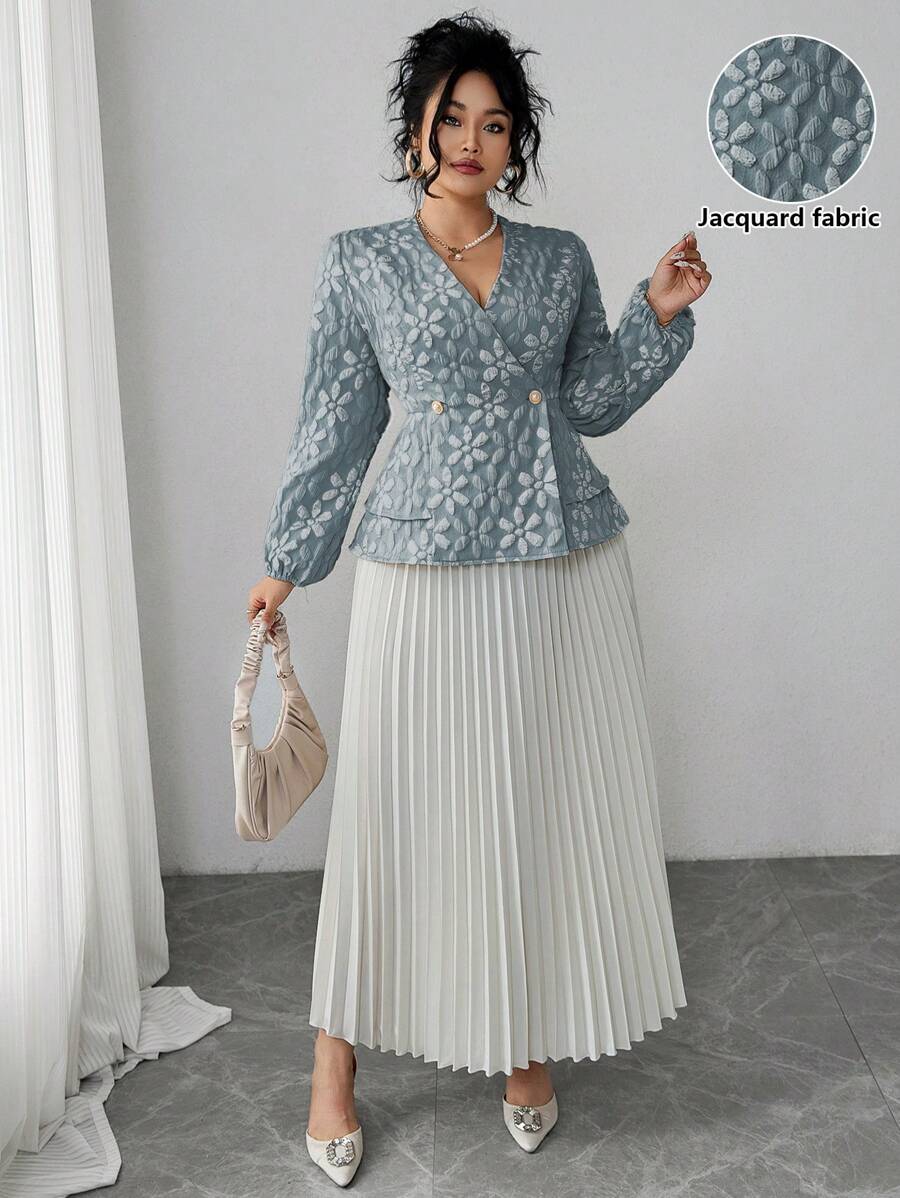 Elenzga Bộ 2 món áo jacquard hoa cỡ lớn cho nữ và chân váy xếp ly - Màu xanh lam - Xem 1