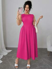 Elenzga Plus Size Women Solid Color Round Neck Pleated Sleeveless Elegant Dress Maxi Women Outfit - Hot Pink - View 7
