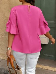 SHEIN Clasi Plus Size Casual Vacation Style Solid Color Bow Decor Shirt - Hot Pink - View 2