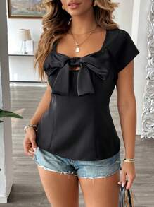 SHEIN Clasi Plus Size Women's Elegant Commuter Sweetheart Neck Front Satin Bow Decor Splice Short Sleeve Blouse, Spring/Summer - Black - View 3