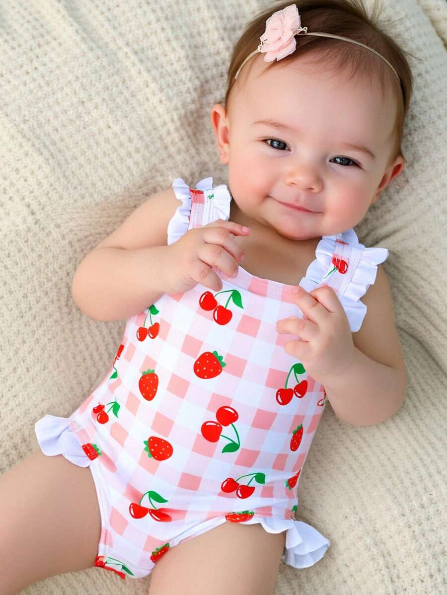 SHEIN Newborn One-Piece Swimsuit With Strawberry Plaid Print, Ruffle Trim & Bow Design, Cute