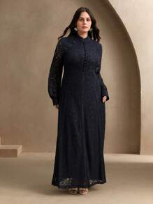 Anewsta Elegant Women's Lace Maxi Flared Dress, Spring Outfits - Navy Blue - View 6