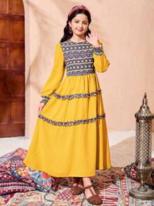 SHEIN Tween Girls' Loose Fit Floral Print Patchwork Contrast Color Frill Trim Long Sleeve Dress - Yellow - View 3